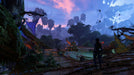 A breathtaking view of Pandora's lush jungle at dusk, with floating mountains in the background and a Na'vi character standing on an intricately woven platform. This in-game screenshot from Avatar: Frontiers of Pandora captures the beauty of the alien world—find the Xbox Series X|S game key now at RushGame.co for instant digital delivery