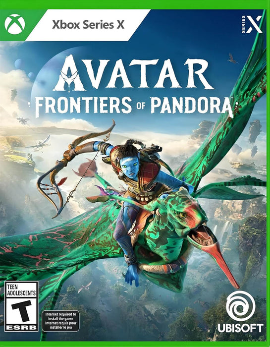 cover art of Avatar: Frontiers of Pandora for Xbox Series X|S, featuring a Na’vi warrior soaring on a banshee over Pandora’s floating islands. Get your Xbox Series X|S digital game key at RushGame.co for instant activation and dive into an unforgettable open-world experience.