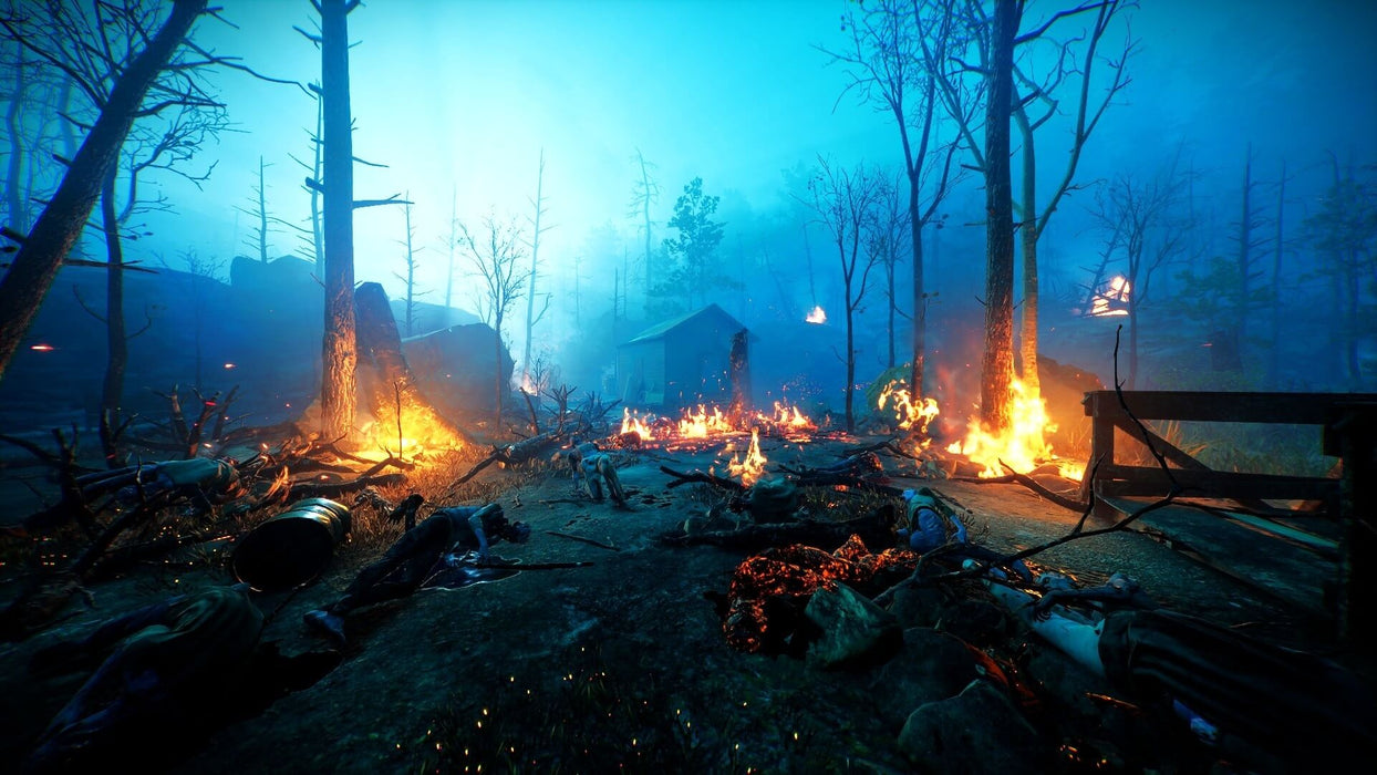 A haunting battlefield in Back 4 Blood, where the ground is littered with bodies, and flames engulf the surrounding trees, creating an eerie blue glow. Buy your Back 4 Blood PC digital code at RushGame.co and experience the ultimate co-op zombie survival shooter!