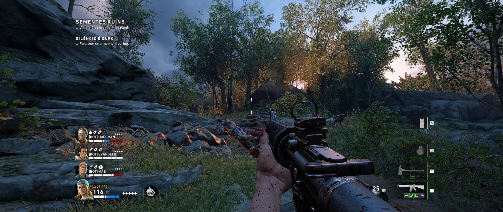 A first-person shooter perspective in Back 4 Blood, where a survivor armed with an assault rifle faces off against zombies in a dark forest setting. Purchase your Back 4 Blood Steam activation key at RushGame.co and jump into fast-paced, adrenaline-fueled action today!