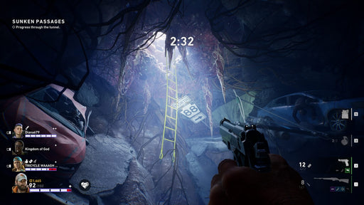 A first-person view of a survivor aiming a pistol inside a dark, overgrown tunnel, with a yellow ladder leading to the surface and eerie organic growths surrounding the exit. Find your Back 4 Blood Xbox One & Series X|S CD Key at RushGame.co and fight for survival against relentless hordes in this thrilling co-op FPS.