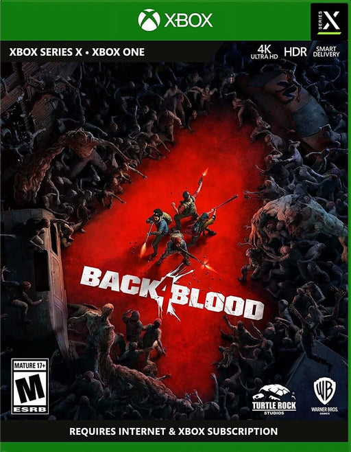 cover art of Back 4 Blood for Xbox One and Series X|S features four heavily armed survivors surrounded by hordes of infected in a blood-red battlefield. Get your Back 4 Blood Xbox digital key at RushGame.co and experience intense cooperative zombie shooting action with instant digital delivery.