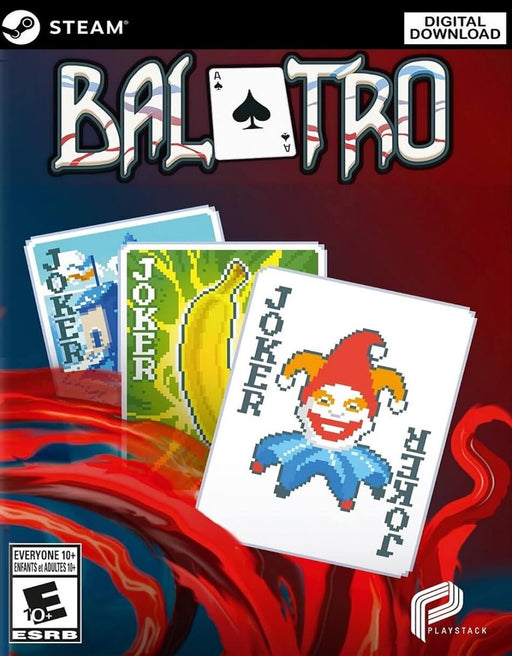 Cover for Balatro, featuring stylized playing cards with colorful joker designs set against a swirling red background. The game blends poker mechanics with roguelike elements for a fresh and strategic card game experience. Purchase your Balatro Steam CD Key now on RushGame.co and build the ultimate poker deck.