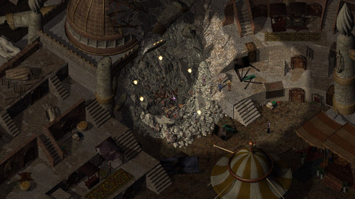 A ruined medieval marketplace in Baldur's Gate II: Enhanced Edition, with collapsed structures and glowing magical effects. Experience this classic RPG adventure on PC Steam buy your key now at RushGame.co!