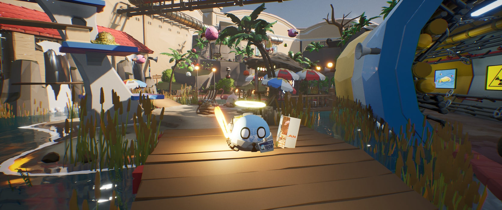 A vibrant tropical resort in Bang-On Balls: Chronicles, featuring a character with a glowing halo exploring a lively, interactive environment. Play this fun platformer on PS5 get your activation key at RushGame.co!