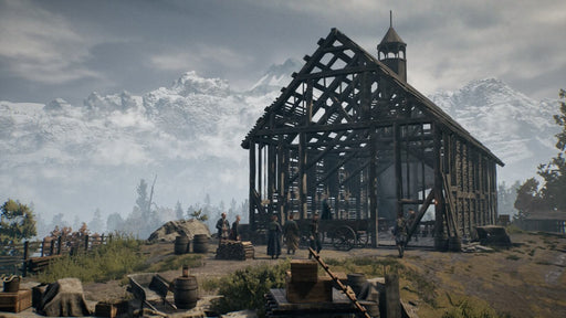 A breathtaking moment of settlement construction in a mountainous wilderness, with settlers building a wooden structure under a cloudy sky. Buy the Steam key today at RushGame.co