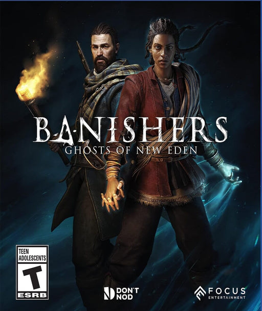 The haunting cover art of Banishers: Ghosts of New Eden, featuring two ghost hunters in a supernatural battle. Buy your Steam CD key today at RushGame.co