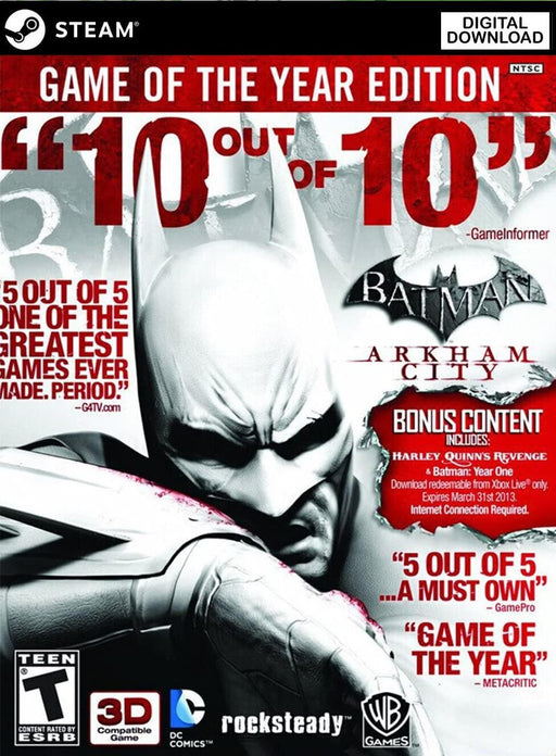  The Batman: Arkham City GOTY Steam cover art features a high-contrast, stylized image of Batman, with bold red and white typography showcasing the game’s critical acclaim. Highlighting bonus content such as Harley Quinn’s Revenge, this edition offers the ultimate experience for fans of the Caped Crusader. Purchase your Batman: Arkham City GOTY PC Steam CD Key now at RushGame.co for immediate download