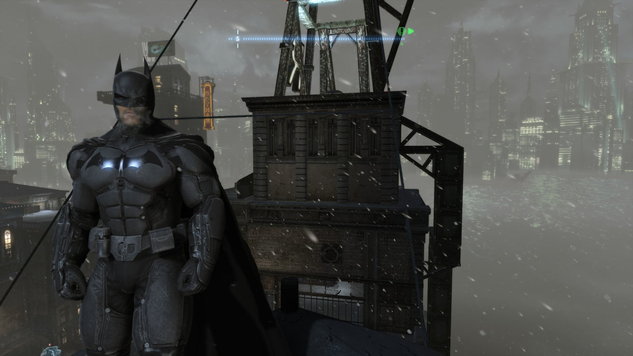 Screenshot from Batman: Arkham Origins on PC Steam, showing Batman surveying Gotham's skyline in a dark, snowy atmosphere. Purchase your Steam CD key at RushGame.co and step into the shoes of the Caped Crusader!