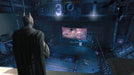 Gameplay image from Batman: Arkham Origins, where Batman observes a criminal hideout with a large screen showing Gotham's underworld leaders. Secure your PC Steam CD key at RushGame.co for an epic superhero experience!