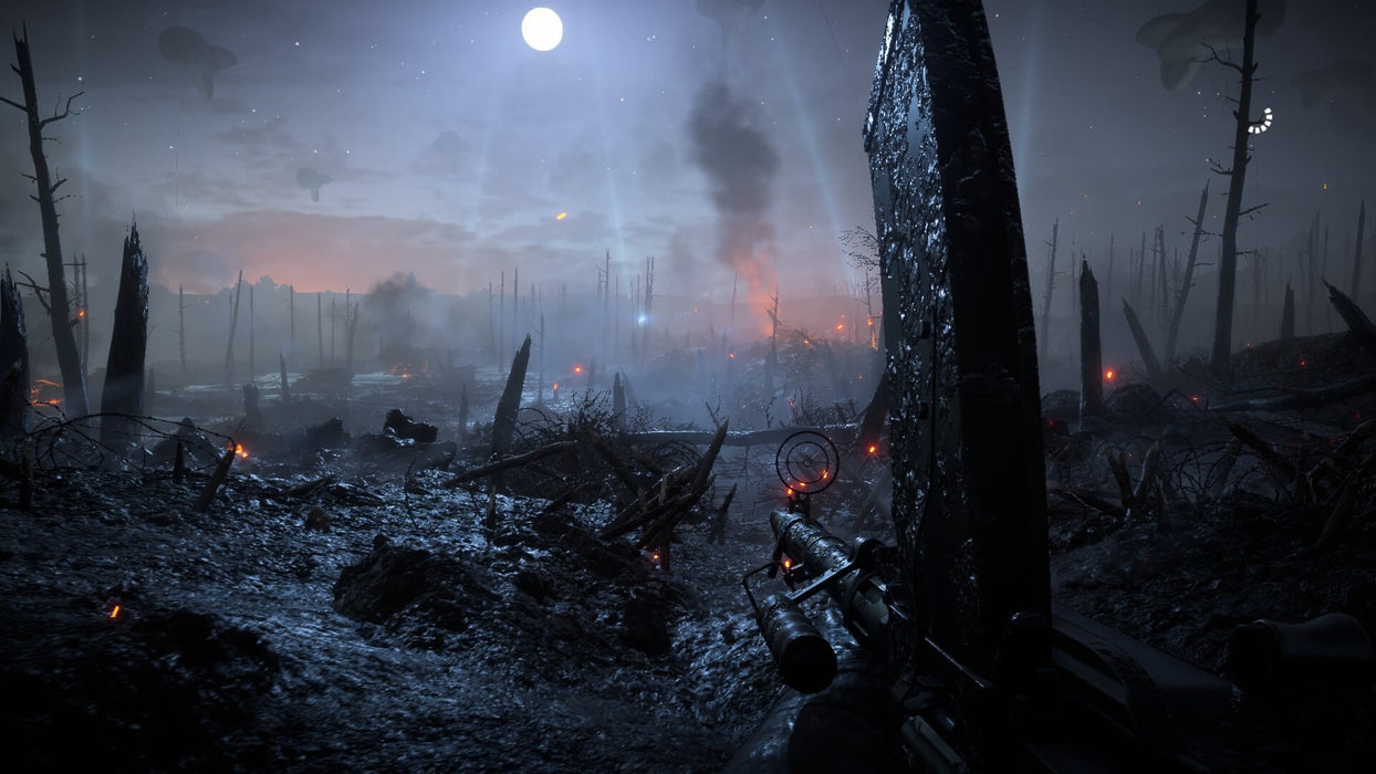 Nighttime Battlefield Scene – A soldier’s perspective on a war-torn battlefield under the moonlight, surrounded by destroyed trenches and burning debris in Battlefield 1. Purchase your Battlefield 1 PC CD Key from RushGame.co and immerse yourself in realistic WWI combat