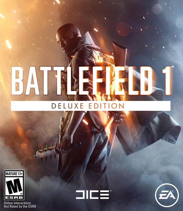 cover art for Battlefield 1 Deluxe Edition, showcasing a soldier gripping a spiked club with a rifle on his back, illuminated by a fiery battlefield. Get your Battlefield 1 Deluxe Edition PC CD Key instantly at RushGame.co and experience epic World War I combat with exclusive content.