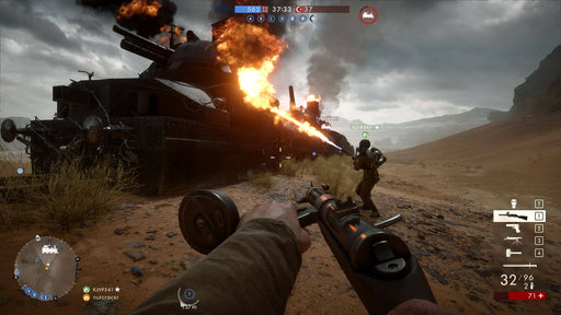 Battlefield 1 gameplay screenshot - desert train battle
A first-person shooter perspective in Battlefield 1, showing intense combat in the desert as a massive armored train erupts in flames while players engage in battle. Get your Battlefield 1 Xbox One CD Key at RushGame.co and experience epic large-scale warfare with instant access