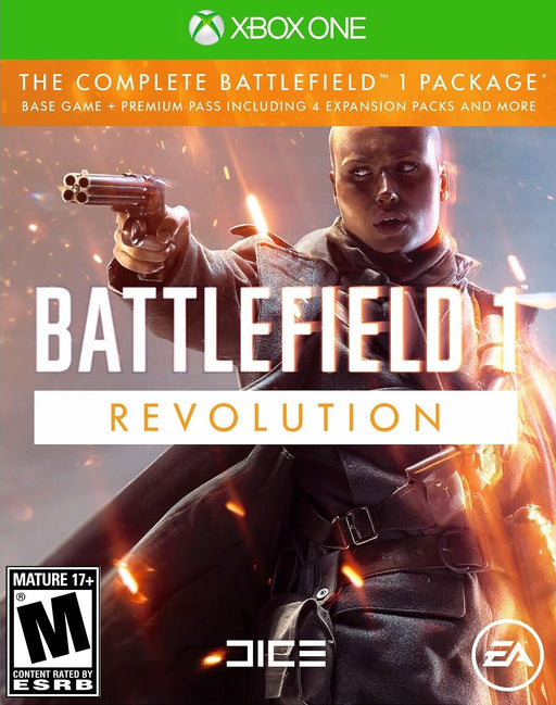 The official cover art for Battlefield 1 Revolution Edition on Xbox One, featuring a dynamic depiction of a soldier armed with a shotgun, surrounded by sparks and fire. Purchase your Battlefield 1 Revolution Edition Xbox One CD Key at RushGame.co for instant digital delivery.