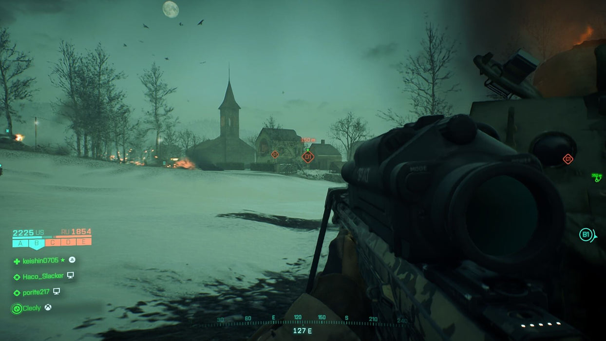 Intense nighttime combat scene in Battlefield 2042 PC, with a scoped rifle aimed at enemy targets under moonlight. Get your digital key for Battlefield 2042 instantly at RushGame.co