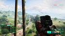 Battlefield 2042 tactical engagement, with a soldier aiming a futuristic assault rifle from a high vantage point overlooking a lush coastal battlefield