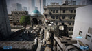 A first-person perspective in Battlefield 3, showing a soldier aiming an assault rifle over a Middle Eastern cityscape. The skyline is dominated by a mosque with a blue dome, while dense urban buildings and a Syrian flag add authenticity to the environment. Get your Battlefield 3 Limited Edition PC EA Play Origin CD Key now at RushGame.co