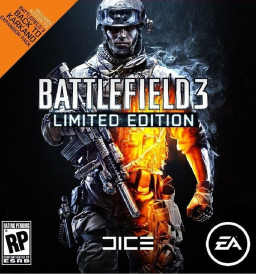 The cover of Battlefield 3 Limited Edition, featuring a heavily armed soldier walking forward with a determined expression. His figure is split between cold blue tones and fiery orange hues, symbolizing the chaos of battle. Buy Battlefield 3 Limited Edition PC EA Play Origin CD Key now at RushGame.co for instant activation