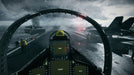 Battlefield 3 air combat gameplay, showing a fighter jet preparing for takeoff from an aircraft carrier during a stormy battle