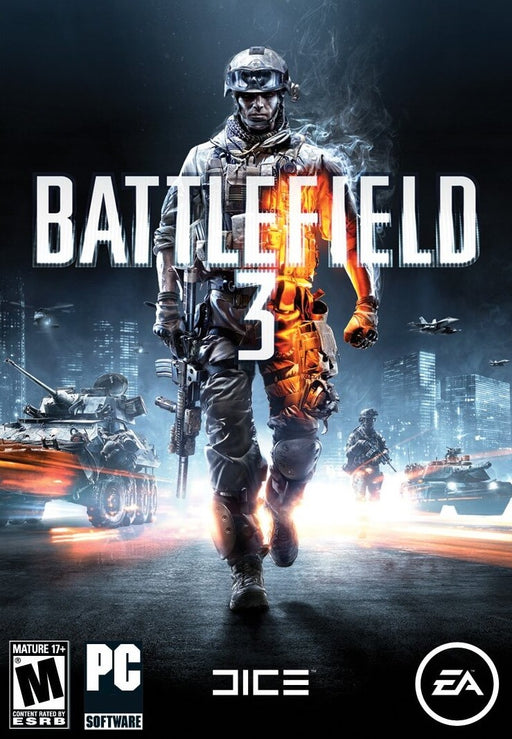 Cover art for Battlefield 3 on PC EA Play, featuring a heavily armored soldier advancing through a war zone with tanks and helicopters in the background