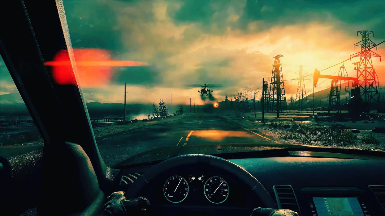 A high-speed chase from the perspective of a player driving a car in Battlefield 4, with a helicopter firing in pursuit at sunset, creating a cinematic battlefield experience. Find your Battlefield 4 CD Key at RushGame.co