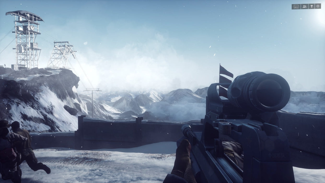 First-person perspective in Battlefield 4, featuring a scoped rifle aimed at a snowy mountaintop battlefield with communication towers and soldiers advancing through the harsh environment