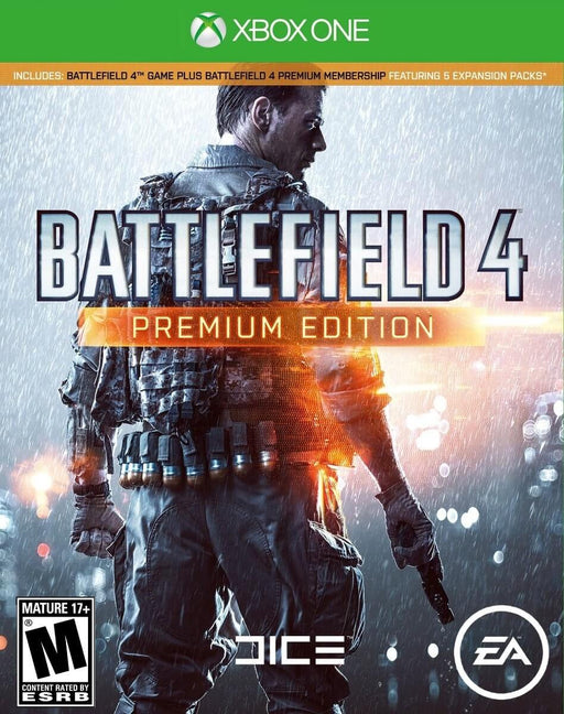 Cover art for Battlefield 4 Premium Edition on Default Title, featuring a soldier standing in the rain with his back turned, gripping a pistol, while an orange glow highlights his armor.