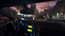 A realistic driving perspective inside a police car in Battlefield Hardline, with a sunset-lit urban street ahead. The dashboard displays police equipment, and neon lights reflect on wet pavement, enhancing the crime-thriller aesthetic