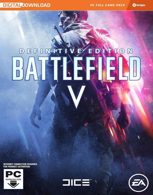  cover art for Battlefield V Definitive Edition on PC, available via EA Play and Origin. The image features a soldier standing in a war-torn environment, illuminated by blue and red lighting, with the game's title prominently displayed. Purchase your game key instantly at RushGame.co