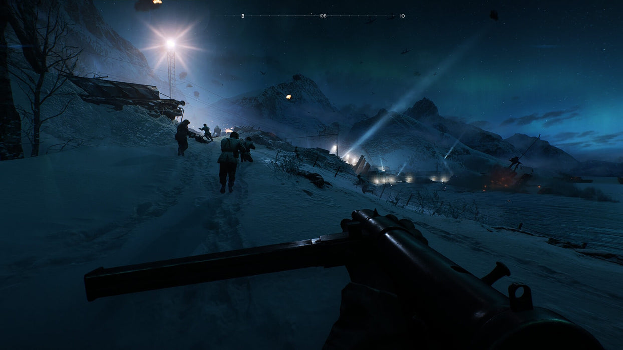 Battlefield V night warfare scene – A snowy battlefield at night with soldiers charging under bright searchlights, engaging in intense combat. Join the fight in Battlefield V—buy your game key at RushGame.co