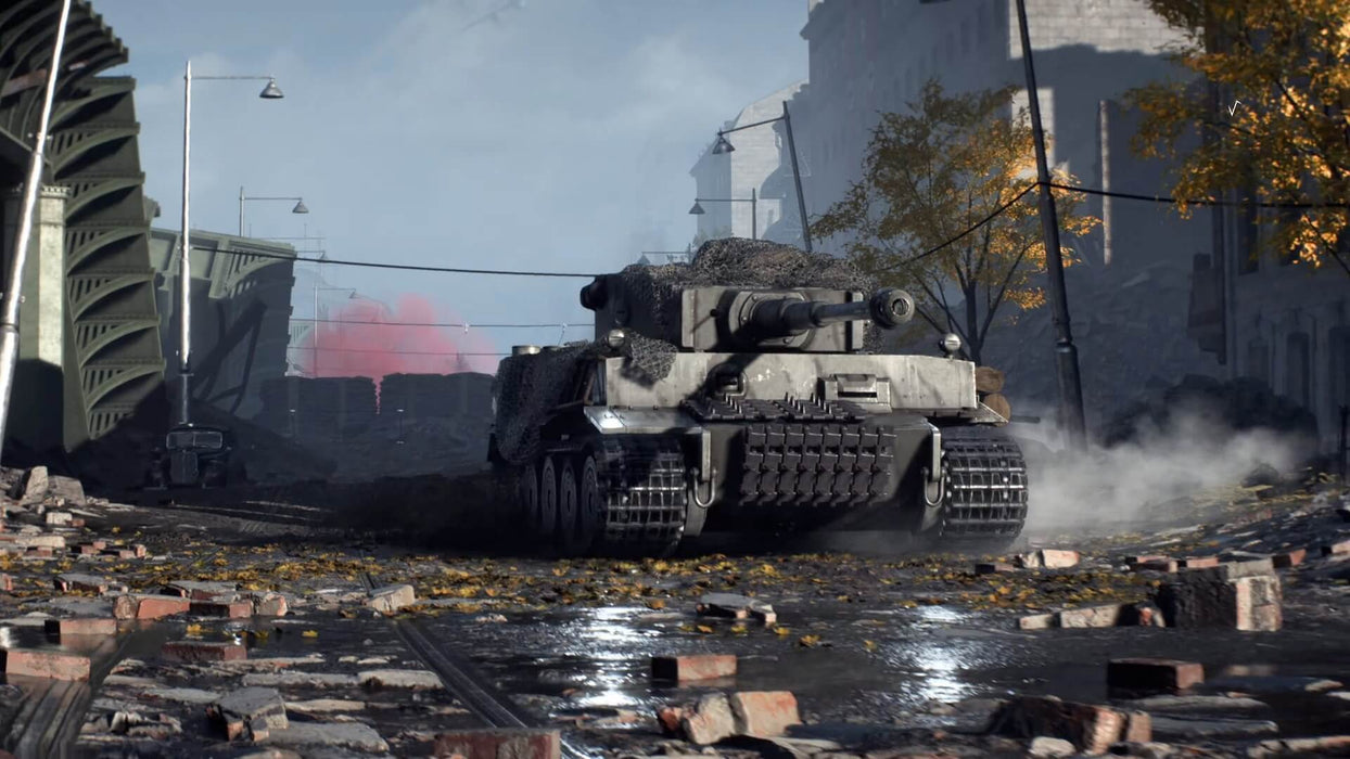 Battlefield V tank battle in a destroyed city – A heavily-armored tank moves through the war-torn streets of a city in Battlefield V, with rubble and destruction all around. Get the ultimate Battlefield V experience—shop now at RushGame.co.
