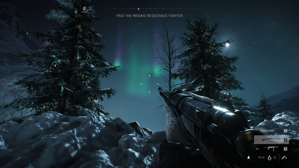 A breathtaking night battle in Battlefield V, with the Northern Lights illuminating a snowy battlefield as a soldier aims down the sights of a bolt-action rifle. Secure your PC game key instantly at RushGame.co