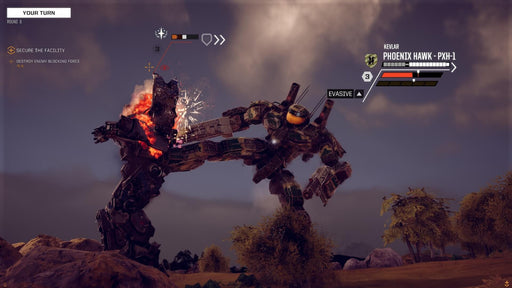 A turn-based battle scene from BATTLETECH on PC Steam, showing a Phoenix Hawk mech delivering a devastating melee kick to an enemy mech engulfed in flames. The combat UI displays health bars and status indicators. Get your game key now at RushGame.co