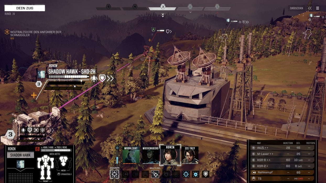  A tactical battle interface from BATTLETECH on PC Steam, featuring a Shadow Hawk mech targeting an enemy near a military base with satellite dishes. The UI highlights the strategic options available for the player’s squad. Buy BATTLETECH now at RushGame.co