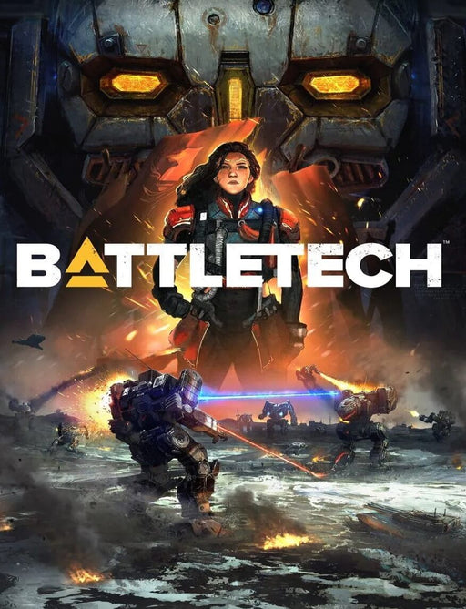 The official cover art for BATTLETECH on PC Steam, featuring a fierce female warrior in a mech pilot suit, standing in front of a massive battle mech with glowing orange eyes. The background showcases intense mecha combat with laser beams and explosions. Available at RushGame.co