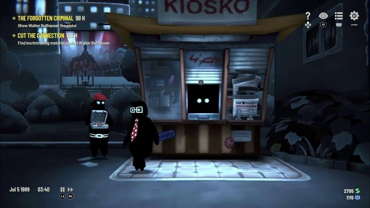 A street scene in Beholder 3, where two silhouetted figures interact near a closed kiosk in a dystopian city. The mission objectives are displayed in the top left corner. Get Beholder 3 PS5 CD Key instantly at RushGame.co