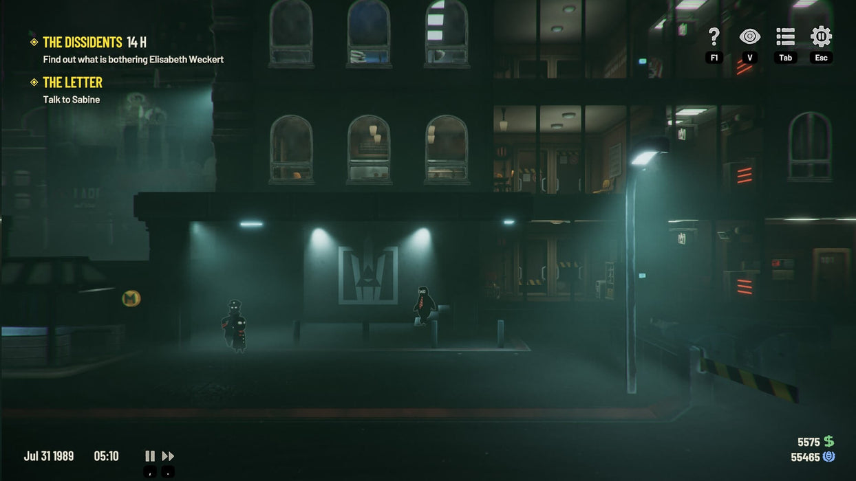 A dark urban setting from Beholder 3, showing a character standing under a neon-lit sign outside a towering government building. The game's UI displays in the top right. Buy your Beholder 3 PS5 digital key at RushGame.co