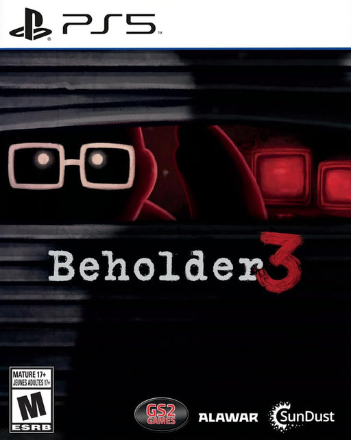 Official cover art for Beholder 3 on PlayStation 5, featuring a dark, dystopian surveillance theme with a shadowy figure observing from behind a window. Buy Beholder 3 PS5 CD Key at RushGame.co