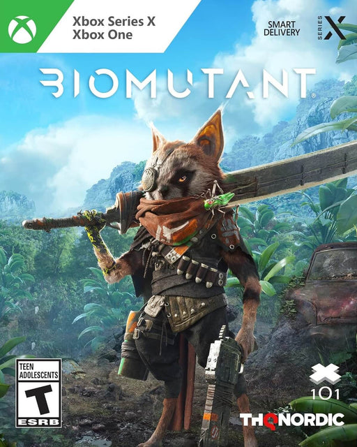  cover art for Biomutant on Xbox One and Xbox Series X|S, depicting a mutated warrior with a large sword and firearm, standing in a lush jungle setting. The title and publisher logos, THQ Nordic, are prominently displayed. Get your digital key instantly at RushGame.co