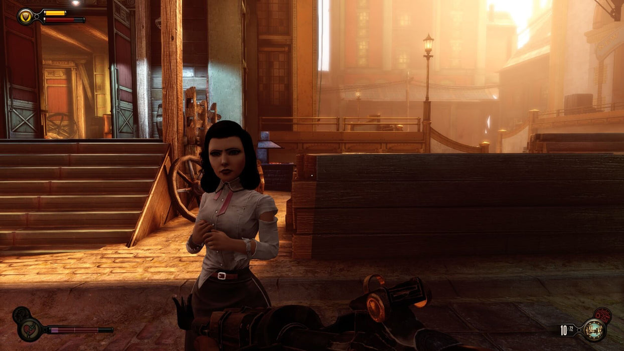 First Screenshot: "Elizabeth stands in a sunlit alleyway in BioShock Infinite, with a first-person view of the player's weapon in the foreground. Buy BioShock: The Collection Xbox One key at RushGame.co