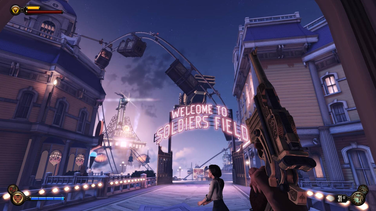 Second Screenshot: "A neon-lit entrance to Soldiers Field in BioShock Infinite, as the player aims their ornate pistol at the grand entrance. Get your Xbox One BioShock: The Collection CD key at RushGame.co