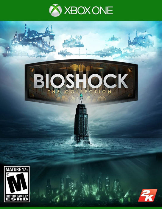 BioShock: The Collection for Xbox One - official cover art featuring the iconic lighthouse emerging from the ocean, with the floating city of Columbia above. Available at RushGame.co