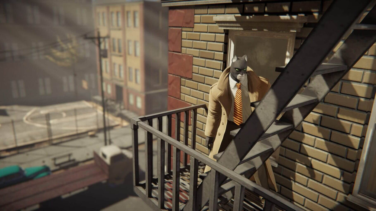 John Blacksad, the feline detective, stepping onto a fire escape in Blacksad: Under the Skin, set against a detailed urban backdrop. Explore a gripping noir mystery with this adventure game available at RushGame.co