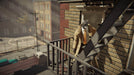 John Blacksad, the feline detective, stepping onto a fire escape in Blacksad: Under the Skin, set against a detailed urban backdrop. Explore a gripping noir mystery with this adventure game available at RushGame.co