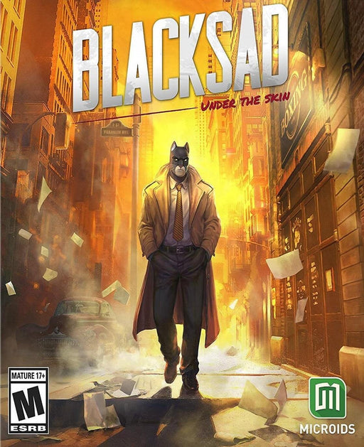 cover art for Blacksad: Under the Skin on PC Steam, featuring the noir-style anthropomorphic detective, John Blacksad, walking down a sunlit street filled with scattered papers and vintage cars. Buy the game key instantly at RushGame.co