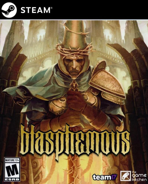 Cover art for Blasphemous PC Steam CD Key, featuring the Penitent One in a dark religious world. Buy your copy at RushGame.co