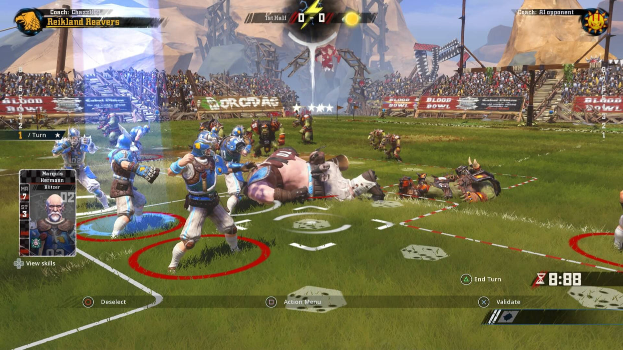 A strategic moment in Blood Bowl 2: Legendary Edition, where players plan their next move in a high-stakes fantasy football match. Purchase your digital key now at RushGame.co