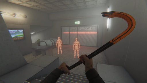 "First-person gameplay from Bonelab VR on PC Steam, showing the player holding a crowbar while approaching two glowing holographic figures near an exit door. Experience immersive VR physics—get your Bonelab VR CD Key at RushGame.co