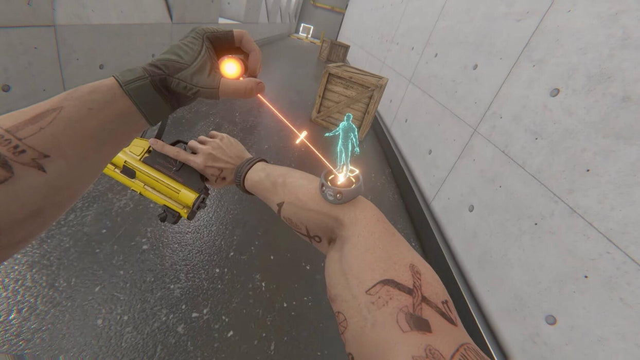 Bonelab VR gameplay on PC Steam featuring the player using a holographic wrist-mounted device to target an enemy with a laser. Unlock full immersion in Bonelab VR—purchase your digital key at RushGame.co