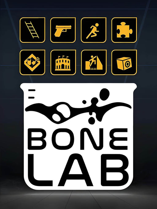  cover art for Bonelab VR on PC Steam, featuring a minimalist black-and-white design with icons representing gameplay elements like weapons, exploration, and puzzles. Get your Bonelab VR digital code now at RushGame.co